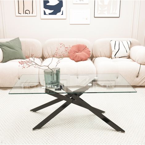 Mesa de centro rectangular de vidrio templado con patas de metal negro, 120 x 60 x 46 cm (1/5)