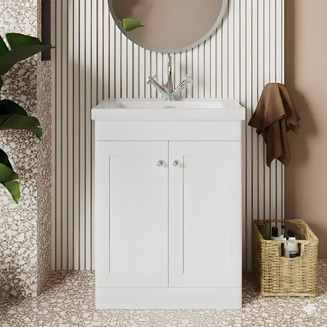 Nuie Classique Floor Standing 2-Door Vanity Unit with 1TH Contemporary Basin 600mm Wide - Satin White (1/4)