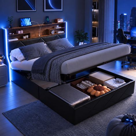 Lit Coffre 160x200 cm Noir avec Rangement Hydraulique, Lit Double avec Sommier à Lattes, Tête de Lit avec Étagère, LED et USB Type-C, Pu — Moderne (1/5)