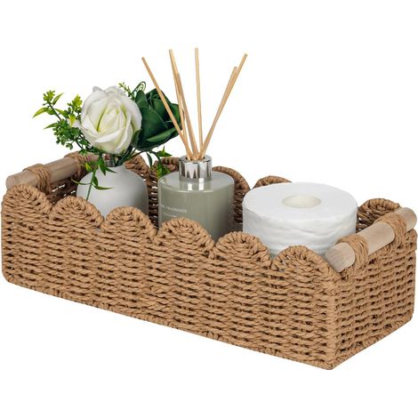 Panier De Rangement En Corde De Papier - Bord Dentelé - Pour Papier Toilette Et Petits Objets - Avec 2 Poignées En Bois - Dimensions 35,5 x 16 x 10 cm - 1 Pièce (1/5)