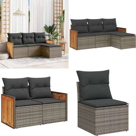 Salon de jardin 4 pcs avec coussins gris résine tressée - Ensemble Salon De Jardin - Meuble Extérieur - Mobilier De Jardin - Salon De Jardin Pliable - Set De Salon De Jardin - Home & Living (1/5)
