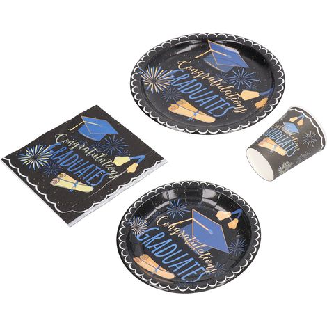 Ensemble de 40 assiettes jetables noires pour dîner de remise de diplômes, comprenant assiettes et serviettes en papier, décorations pour fête de remise de diplômes (1/5)