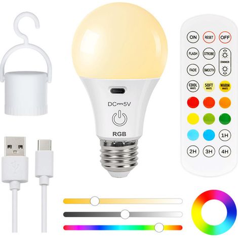 Lot de 2 E27 Ampoule Rechargeable avec Telecommande, 7 Couleur, Ampoule LED, Sans Fil, Sans Electricite, Luminosità (1/4)