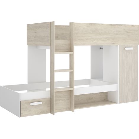 Pegane – Lit superposé enfant chêne naturel et blanc – Couchage 90x190 cm – Dimensions 245x111x150 cm – Bois mélaminé – Tiroir avec glissements métalliques (1/5)