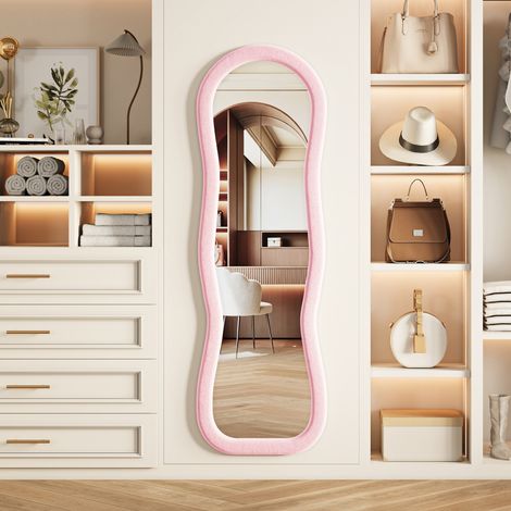 Miroir pleine longueur ondulé au sol, 160×50 cm, cadre bouclette rose, pose murale ou sur pied