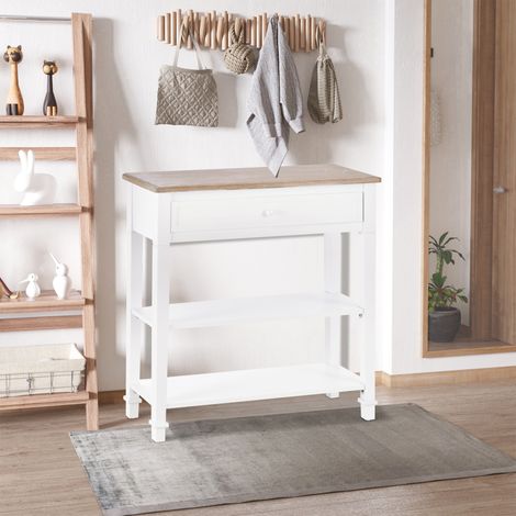 Console blanche et imitation bois avec tiroir et 2 étagères, console d'entrée peu encombrante en MDF, 75,6 x 27,5 x 80,5 cm (1/5)