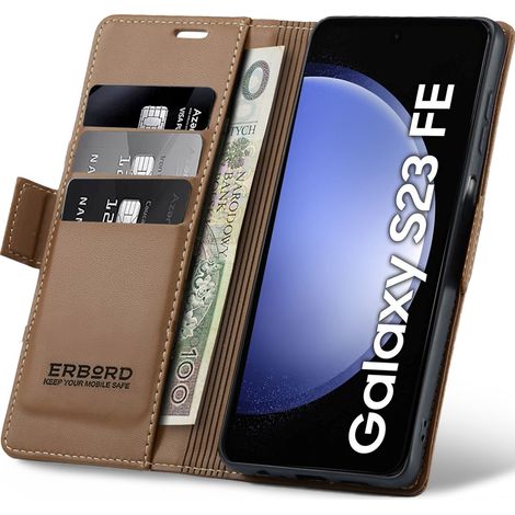 Funda para Samsung Galaxy S23 FE, color lichi brillante, tipo cartera, color marrón. (1/5)