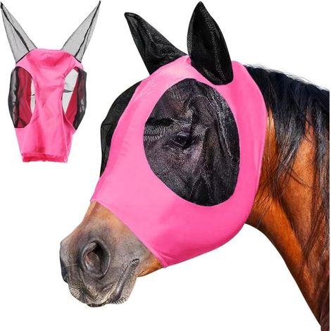Masque anti-mouches pour cheval - Avec masque anti-mouches - Protection UV - Bonnet anti-mouches pour chevaux avec oreilles - Rose (1/4)