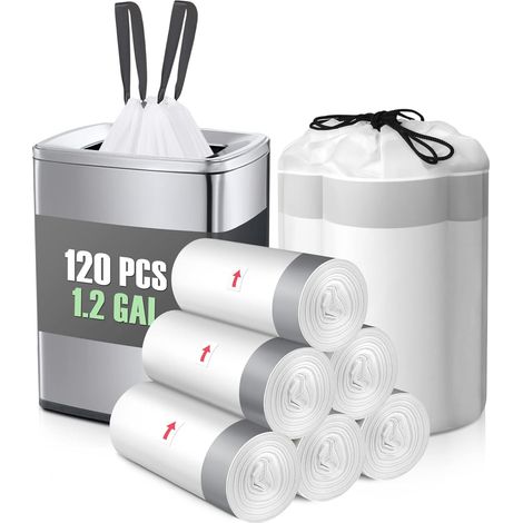 1,2 gallon 120 sacs poubelles à cordon de serrage solides par , Code R, petits sacs poubelles, doublures de panier à déchets pour la maison, le bureau, la cuisine, la salle de bain, la chambre à couch (1/5)