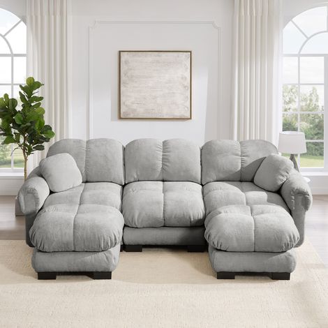 Divano a U 3 posti in tessuto chenille grigio chiaro con pouf mobile e 2 cuscini (1/5)