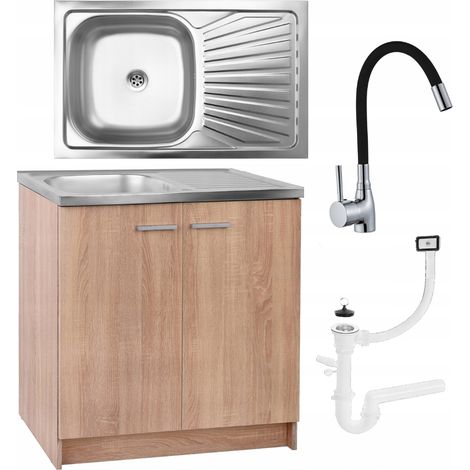 Sonoma Eichenküchenset – 80 cm – Schwarze flexible Armatur – Edelstahlspüle – Geschirrspüler-Siphon