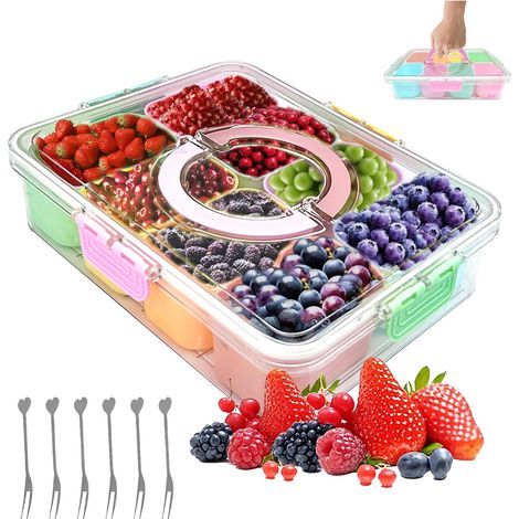 Boîte à goûter avec 8 compartiments, avec 6 fourchettes à fruits et sac à couverts, assiette à goûter avec couvercle, boîte à goûter portable pour ranger fruits, frites, épices, pour (1/5)