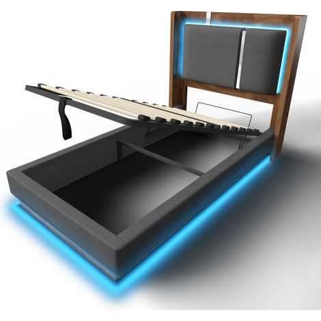 Cama canapé 90 x 200 cm con somier, LED y elevación hidráulica, gris y nogal (1/5)