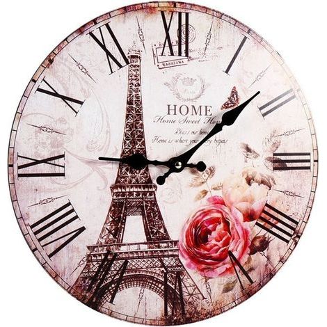 Horloge Murale Rond Style Antique Vintage "Tour Eiffel Paris" en Bois - Décoration de Cuisine ou Salon au Charme Rétro et Parisien