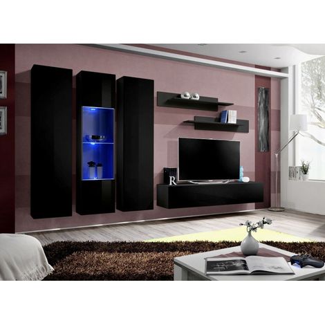 Ensemble meuble TV mural  - Fly IV - 310 cm x 190 cm x 40 cm - Noir - Livraison gratuite