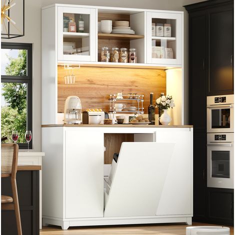 Mueble de cocina alto 120 x 40 x 180 cm con puertas acrílicas e iluminación LED, blanco DESVIAE (1/5)