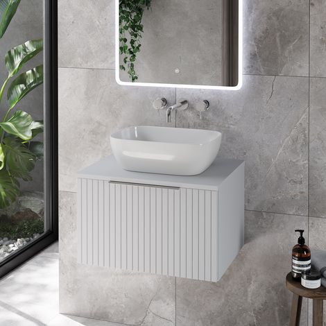 Helix 460 Fluted Satin White 600mm Wall Mounted 1 Drawer Vanity Unit for Countertop Basins
