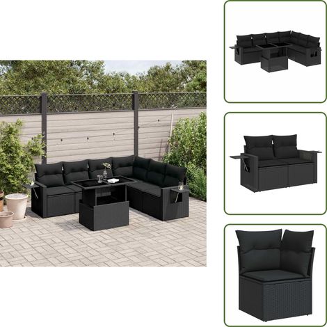 7-tlg. Garten-Sofagarnitur mit Kissen Schwarz Poly Rattan - Gartenmöbel Set - Esszimmergarnitur - Outdoor Möbel - Lounge Garnitur - Rattan Gartenmöbel (1/5)
