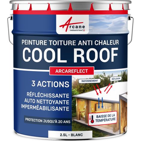 Arcane Industries – Peinture Cool Roof réfléchissante blanche 2.5 L – Revêtement hydrofuge W3 – Réduit la chaleur intérieure jusqu'à 10°C – Application facile au pistolet