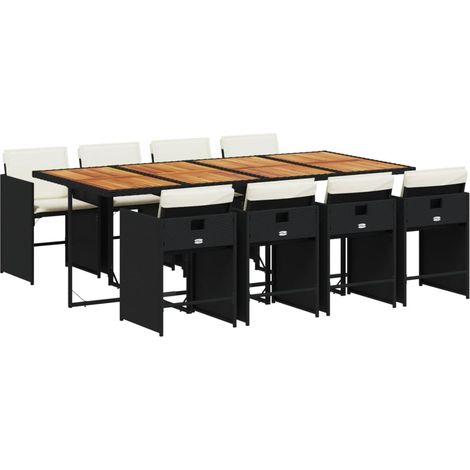 Set de comedor de jardín 9 pzas y cojines ratán sintético negro vidaXL