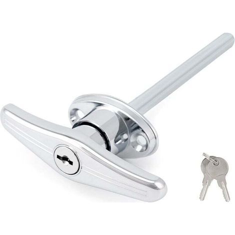 Serrure universelle pour porte de garage. Poignée en T avec revêtement en poudre argenté et 2 clés. (1/4)