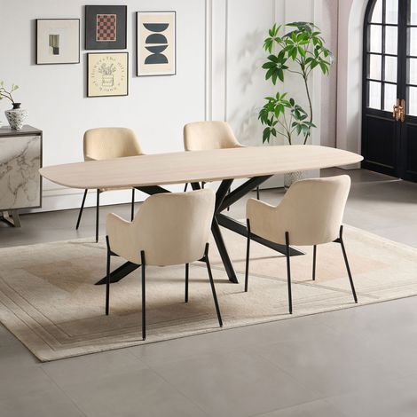 Ensemble table 200 cm effet travertin + 4 chaises velours côtelé beige