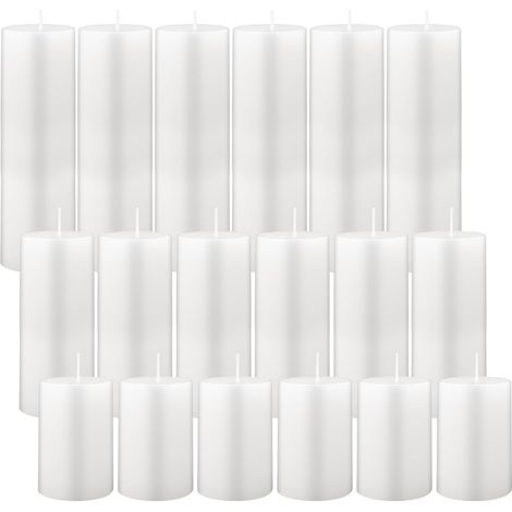 18 Bougies Piliers, Bougies Longue Durée en Lot, Bougies Non Parfumées pour Mariage, Église, Fête, Spa, Lanternes, Cheminée, Restaurants, Décoration Maison (Blanc, 5 x 15 cm, 5 x 10 cm, 5 x 7,5 cm) (1/5)