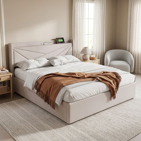 FLORAGRACE Lit coffre 180x200 cm en tissu beige avec tête de lit géométrique, ports USB et Type-C (1/5)