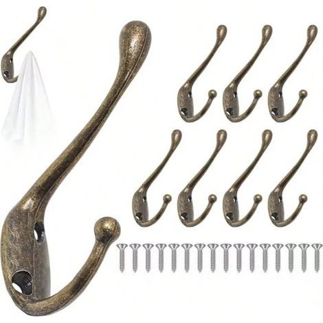 8pcs Crochet de Manteau Murale Vintage Bronze, Crochets de Mural Rétro Double Métal, Crochets Muraux Patère avec Vis, Crochet Métal de Porte Chapeau pour Mural Salle de Bain Cuisine (1/5)