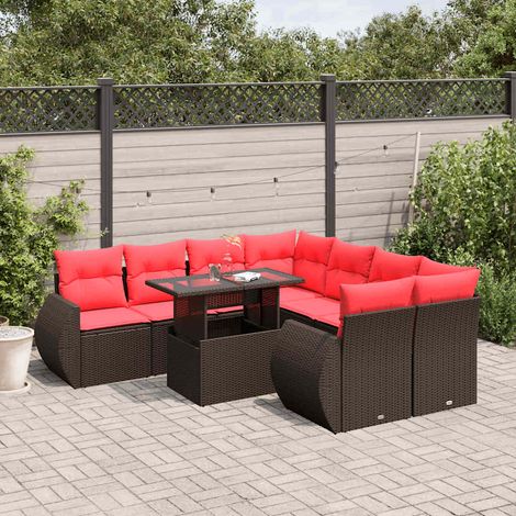 9-teiliges Gartensofa-Set mit Kissen, braun, Polyrattan (1/4)