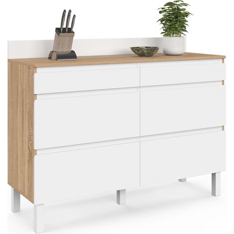 Idmarket – Buffet bas double casserolier 120 cm – 6 tiroirs – Plan de travail H. 83 cm – Bois et blanc – Rangement optimisé pour cuisine moderne (1/5)