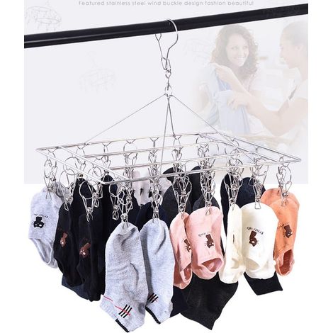 Etendoir Chaussette, Étendoir à Linge à Suspendre avec 36 Pinces en Acier Inoxydable à l’épreuve du Vent pour Chaussettes,sous-vêtements,vêtements,Serviettes (1 Pack Hanger)