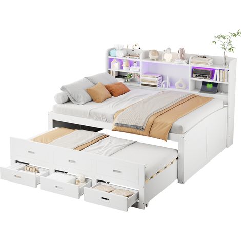 Sofá cama 140x200 cm blanco sin colchón con LED, 3 cajones, mesa auxiliar y USB + Type-C, cama extensible multifuncional para dormitorio moderno - CHICFURN (1/5)