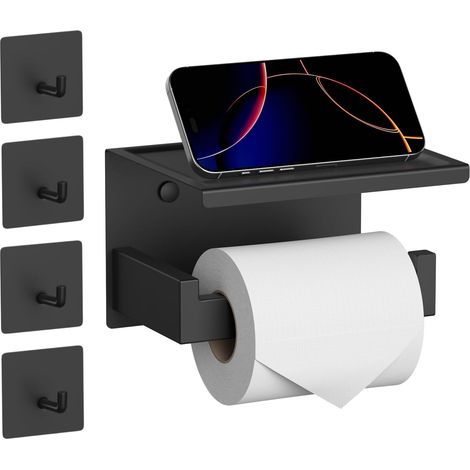 1 - Porte Rouleau Papier Toilette - Support Mural Avec Tablette Et 4 Crochets - Fixation Adhésive Ou À Viser - Pour Salle De Bain Et WC - Noir Mat - 25,5cm X 13cm
