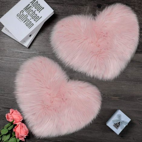 2 Pièces Tapis Moelleux en Fausse Peau de Mouton, Tapis en Forme de Cœur pour Salon et Chambre, 12 x 16 Pouces, Rose (1/4)