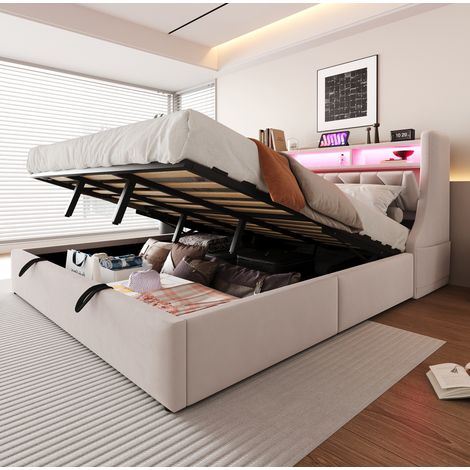 Polsterbett 180x200 cm aus beigem Samt mit LED, USB, C und Stauraum HAVRYA (1/5)