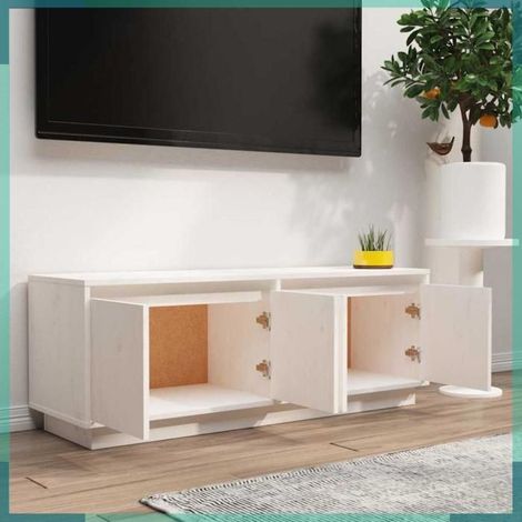 813850 Meuble TV Blanc 110x34x40 cm Bois de pin massif (1/5)