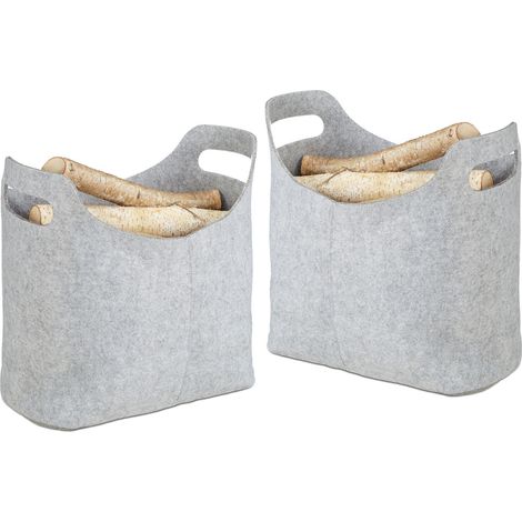 Set of 2 Relaxdays Felt Firewood Baskets, HxWxD: 39.5 x 40 x 23 cm, 2 Handles, Foldable, Newspaper Holder, Grey