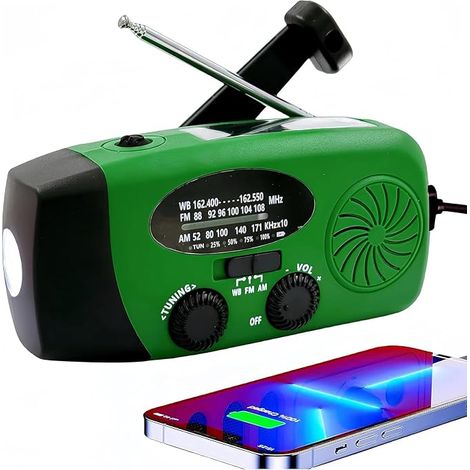 Radio solaire 2000mAh Portable Crank Dynamo avec la batterie radio AM/FM Dynamo, Survival Pocket LED Crank Téléphone Charge pour la randonnée et l'extérieur (Vert) (1/5)