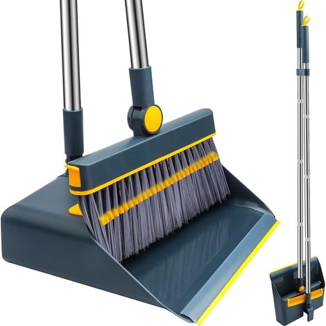 Broom, Dustpan and Brush Set Long Handle with Comb Teeth Vertical Sweeping Combo for Home, Kitchen, Office, Entryway (Blue) (1/5)
