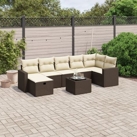 Canapé d'Extérieur 8 Places Résine Tressée Marron avec Table Verre et Coussins Détachables - Ensemble Salon Jardin Modulaire (1/4)