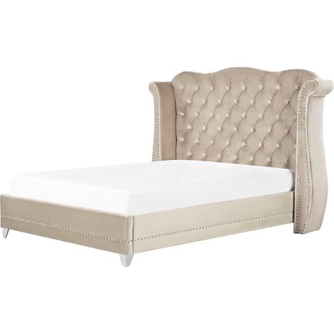 Cama con somier de terciopelo beige 180 x 200 cm listones cabecero capitoné Ayette (1/5)