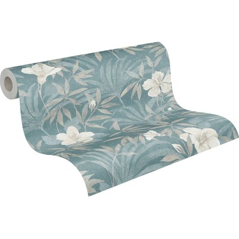 papier peint feuilles et fleurs tropicales bleu gris - A.S. Création (1/5)