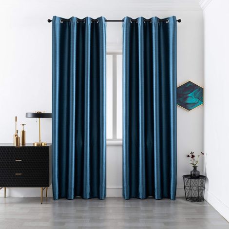 Paire de rideaux occultants effet métallisé pour salon, chambre, bureau, balcon, porte fenêtre, 2 panneaux avec œillets (bleu, 140 x 280 cm) (1/5)