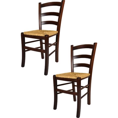Tommychairs - Set 2 sedie modello Venezia per cucina bar e sala da pranzo, robusta struttura in legno di faggio color noce scuro e seduta in paglia