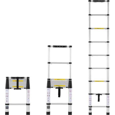 Échelle télescopique 8,5 pi en aluminium léger, rétraction à un bouton, capacité 375 lb, pieds antidérapants, compacte et portable pour maison, camping-car, mezzanine. (1/5)