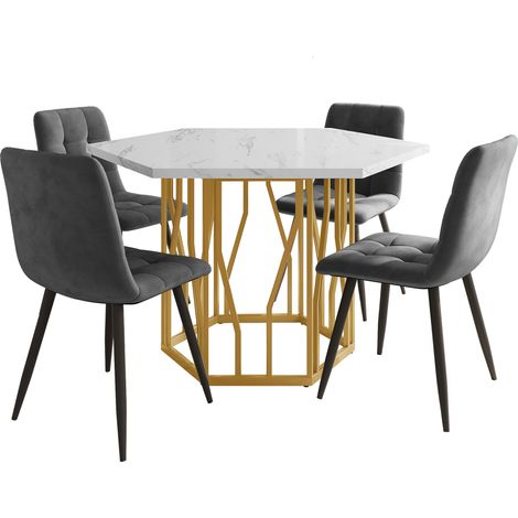 Ensemble table et chaises de salle à manger (5 pièces), table hexagonale moderne en marbre + 4 chaises en velours gris pour créer une ambiance chaleureuse et contemporaine, pieds de table dorés (1/5)