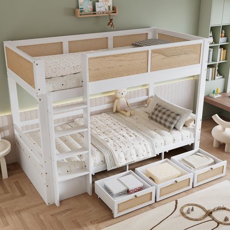 Lit Superposé 90×200 cm, Lit Simple avec 3 Tiroirs, Échelle et Barrières de Sécurité, sans Matelas, en Bois, Blanc et Naturel (1/5)