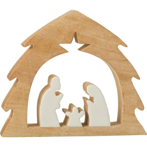 Crèche Sapin en Bois "Ajourée" 27cm Blanc & Naturel (1/2)