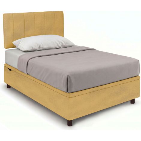 Letto Singolo Contenitore Imbottito 80x190 cm Microfibra Ocra BoxMax Testata Vertical (1/5)